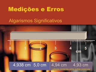 Medições e Erros
Algarismos Significativos
0 1 2 3 4 5
cm
4,938 cm 5,0 cm 4,94 cm 4,93 cm
Leituras correctas entre outras possíveis
 