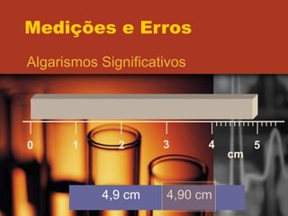 Medições e Erros
Algarismos Significativos
0 1 2 3 4 5
cm
4,9 cm 4,90 cm
 