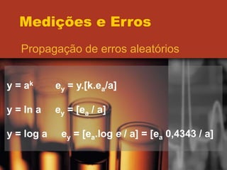 Medições e Erros
Propagação de erros aleatórios
y = ak ey = y.[k.ea/a]
y = ln a ey = [ea / a]
y = log a ey = [ea.log e / a] = [ea 0,4343 / a]
 