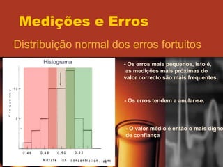 Medições e Erros
Distribuição normal dos erros fortuitos
- Os erros mais pequenos, isto é,
as medições mais próximas do
valor correcto são mais frequentes.
Histograma
- Os erros tendem a anular-se.
- O valor médio é então o mais digno
de confiança
 
