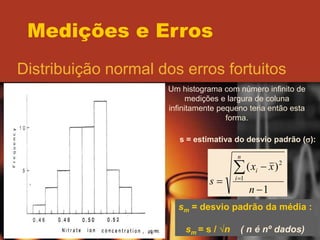 Medições e Erros
Distribuição normal dos erros fortuitos
Um histograma com número infinito de
medições e largura de coluna
infinitamente pequeno teria então esta
forma.
Ponto de
inflexão da
curva
s
1
)
(
1
2





n
x
x
s
n
i
i
s = estimativa do desvio padrão (s):
sm = desvio padrão da média :
sm = s / √n ( n é nº dados)
 