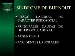 SÍNDROME DE BURNOUT RIESGO LABORAL DE CARÁCTER PSICOSOCIAL PRINCIPALES CAUSAS DE DETERIORO LABORAL AUSENTISMO ACCIDENTES LABORALES 