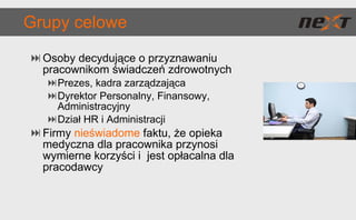 Grupy celowe Osoby decydujące o przyznawaniu pracownikom świadczeń zdrowotnych Prezes, kadra zarządzająca Dyrektor Personalny, Finansowy, Administracyjny Dział HR i Administracji Firmy  nieświadome   faktu, że opieka medyczna dla pracownika przynosi wymierne korzyści i  jest opłacalna dla pracodawcy 