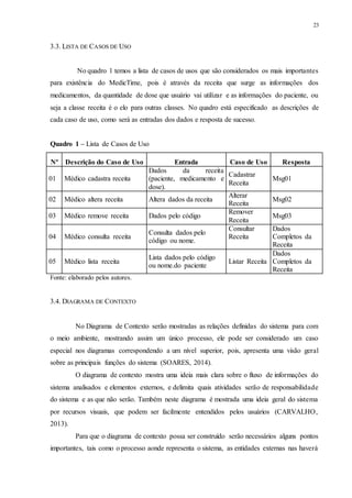 23
3.3. LISTA DE CASOS DE USO
No quadro 1 temos a lista de casos de usos que são considerados os mais importantes
para existência do MedicTime, pois é através da receita que surge as informações dos
medicamentos, da quantidade de dose que usuário vai utilizar e as informações do paciente, ou
seja a classe receita é o elo para outras classes. No quadro está especificado as descrições de
cada caso de uso, como será as entradas dos dados e resposta de sucesso.
Quadro 1 – Lista de Casos de Uso
Nº Descrição do Caso de Uso Entrada Caso de Uso Resposta
01 Médico cadastra receita
Dados da receita
(paciente, medicamento e
dose).
Cadastrar
Receita
Msg01
02 Médico altera receita Altera dados da receita
Alterar
Receita
Msg02
03 Médico remove receita Dados pelo código
Remover
Receita
Msg03
04 Médico consulta receita
Consulta dados pelo
código ou nome.
Consultar
Receita
Dados
Completos da
Receita
05 Médico lista receita
Lista dados pelo código
ou nome.do paciente
Listar Receita
Dados
Completos da
Receita
Fonte: elaborado pelos autores.
3.4. DIAGRAMA DE CONTEXTO
No Diagrama de Contexto serão mostradas as relações definidas do sistema para com
o meio ambiente, mostrando assim um único processo, ele pode ser considerado um caso
especial nos diagramas correspondendo a um nível superior, pois, apresenta uma visão geral
sobre as principais funções do sistema (SOARES, 2014).
O diagrama de contexto mostra uma ideia mais clara sobre o fluxo de informações do
sistema analisados e elementos externos, e delimita quais atividades serão de responsabilidade
do sistema e as que não serão. Também neste diagrama é mostrada uma ideia geral do sistema
por recursos visuais, que podem ser facilmente entendidos pelos usuários (CARVALHO,
2013).
Para que o diagrama de contexto possa ser construído serão necessários alguns pontos
importantes, tais como o processo aonde representa o sistema, as entidades externas nas haverá
 