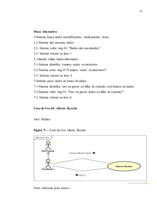26
Fluxo Alternativo
2-Sistema busca dados (nomePaciente, medicamento, dose)
2.1-Sistema não encontra dados
2.2- Sistema exibe msg 01: "Dados não encontrados”
2.3- Sistema retorna ao item 1
5- Sistema valida dados informados
5.1-Sistema identifica campos vazios ou incorretos
5.2-Sistema envia msg 01:"Campos vazios ou incorretos!"
5.3- Sistema retorna ao item 4.
7-Sistema grava dados no banco de dados
7.1-Sistema identifica erro ao gravar ou falha de conexão com bancos de dados
7.2-Sistema exibe msg 01: "Erro ao gravar dados ou falha de conexão!"
7.3. Sistema retorna ao item 6.
Caso de Uso 02: Alterar Receita
Ator: Medico
Figura 5 — Caso de Uso Alterar Receita
Fonte: elaborado pelos autores.
 