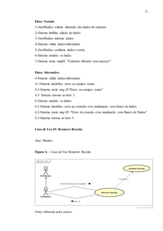 27
Fluxo Normal
1-AtorMedico solicita alteração dos dados do cadastro
2-Sistema habilita edição de dados
3-AtorMedico informa dados
4-Sistema valida dados informados
5-AtorMedico confirma dados e envia
6-Sistema atualiza os dados
7-Sistema envia msg02: "Cadastro alterado com sucesso!"
Fluxo Alternativo
4-Sistema valida dados informados
4.1-Sistema identifica erros ou campos vazios
4.2-Sistema envia msg 02:"Erros ou campos vazios"
4.3- Sistema retorna ao item 3.
6-Sistema atualiza os dados
6.1-Sistema identifica erros na conexão e/ou atualização com banco de dados
6.2-Sistema envia msg 02: "Erros de conexão e/ou atualização com Banco de Dados"
6.3-Sistema retorna ao item 5
Caso de Uso 03: Remover Receita
Ator: Medico
Figura 6— Caso de Uso Remover Receita
Fonte: elaborado pelos autores.
 