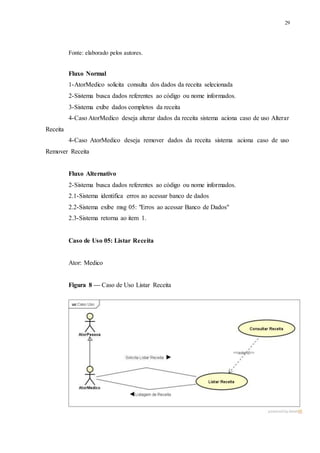 29
Fonte: elaborado pelos autores.
Fluxo Normal
1-AtorMedico solicita consulta dos dados da receita selecionada
2-Sistema busca dados referentes ao código ou nome informados.
3-Sistema exibe dados completos da receita
4-Caso AtorMedico deseja alterar dados da receita sistema aciona caso de uso Alterar
Receita
4-Caso AtorMedico deseja remover dados da receita sistema aciona caso de uso
Remover Receita
Fluxo Alternativo
2-Sistema busca dados referentes ao código ou nome informados.
2.1-Sistema identifica erros ao acessar banco de dados
2.2-Sistema exibe msg 05: "Erros ao acessar Banco de Dados"
2.3-Sistema retorna ao item 1.
Caso de Uso 05: Listar Receita
Ator: Medico
Figura 8 — Caso de Uso Listar Receita
 