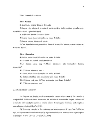 30
Fonte: elaborado pelos autores.
Fluxo Normal
1-AtorMedico solicita listagem de receita
2-Sistema exibe página de pesquisa de receita e solicita dados (codigos, nomePaciente,
nomeMedicamento, quantidadeDose).
3-AtorMedico informa dados da receita
4-Sistema busca dados informados no banco de dados
5-Sistema retorna listagem da receita
6-Caso AtorMedico deseja consultar dados de uma receita, sistema aciona caso de uso
Consultar Receita
Fluxo Alternativo
4-Sistema busca dados informados no banco de dados
4.1- Sistema não localiza dados informados
4.1.1 -Sistema envia msg 06:"Dados informados não localizados! Informe
novamente".
4.1.2-Sistema retorna ao item 3.
4-Sistema busca dados informados no banco de dados
4.2-Sistema identifica erros ao conectar com banco de dados
4.2.1-Sistema envia msg 06:"Erro ao conectar com Banco de dados"
4.2.2 Sistema retorna ao item 3.
3.6. DIAGRAMA DE SEQUÊNCIA
No Diagrama de Sequências são representadas como o próprio nome já diz a sequência
dos processos executados dentro do software, ele descreve de uma maneira simples como ocorre
a interação entre os objetos dentro do sistema através de mensagens mostrando cada reação de
operações ou métodos (SILVA, 2010).
Ele determina a sequência dos processos que ocorrem dentro de cada Caso De Uso, ou
seja, ele dispara as reações na ordem que os objetos são envolvidos para que assim seja completa
a realização de cada Caso De Uso (SENAC,2008).
 