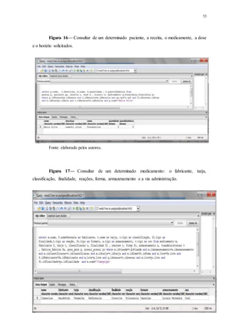 53
Figura 16— Consultar de um determinado paciente, a receita, o medicamente, a dose
e o horário solicitados.
Fonte: elaborado pelos autores.
Fonte: elaborado pelos autores.
Figura 17— Consultar de um determinado medicamento: o fabricante, tarja,
classificação, finalidade, reações, forma, armazenamento e a via administração.
 