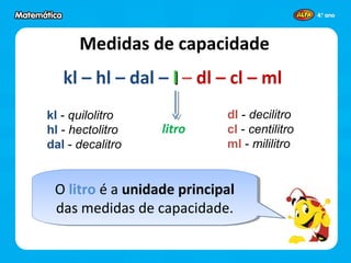kl – hl – dal – ll – dl – cl – ml
kl - quilolitro
hl - hectolitro
dal - decalitro
dl - decilitro
cl - centilitro
ml - mililitro
litro
Medidas de capacidade
O litro é a unidade principal
das medidas de capacidade.
O litro é a unidade principal
das medidas de capacidade.
 