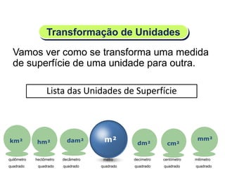 Transformação de Unidades
Vamos ver como se transforma uma medida
de superfície de uma unidade para outra.
Lista das Unidades de Superfície
m²km² hm² dam² dm² cm²
mm²
quilômetro hectômetro decâmetro metro decímetro centímetro milímetro
quadrado quadrado quadrado quadrado quadrado quadrado quadrado
Matemática, 6º Ano do Ensino Fundamental
Medida de superfície; cálculo de área – conceito iniciais
 
