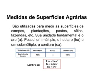 São utilizadas para medir as superfícies de
campos, plantações, pastos, sítios,
fazendas, etc. Sua unidade fundamental é o
are (a). Possui um múltiplo, o hectare (ha) e
um submúltiplo, o centiare (ca).
Medidas de Superfícies Agrárias
1 ha = 1hm2
1a = 1 dam2
1ca = 1m2
Lembre-se:
Matemática, 6º Ano do Ensino Fundamental
Medida de superfície; cálculo de área – conceito iniciais
Unidade agrária
Equivalência
de valor
Hectare (ha)
100a 1a
are (a) centiare (ca)
0,01a
 