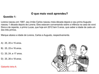 O que mais você aprendeu?
Questão 1:
Lorena nasceu em 1987, seu irmão Carlos nasceu meia década depois e seu primo Augusto
nasceu 1 década depois de Lorena. Eles estavam conversando sobre a infância na casa da vovó
Dora e de repente, o primo Lucas, que hoje em 2012 tem 5 anos, quis saber a idade de cada um
dos três primos.
Marque abaixo a idade de Lorena, Carlos e Augusto, respectivamente.
A) 25, 20 e 15 anos.
B) 25, 23 e 16 anos.
C) 25, 24, e 17 anos.
D) 25, 26 e 18 anos.
Gabarito letra A.
 