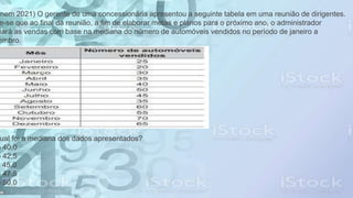 Enem 2021) O gerente de uma concessionária apresentou a seguinte tabela em uma reunião de dirigentes.
e-se que ao final da reunião, a fim de elaborar metas e planos para o próximo ano, o administrador
iará as vendas com base na mediana do número de automóveis vendidos no período de janeiro a
embro.
ual foi a mediana dos dados apresentados?
) 40,0
) 42,5
) 45,0
) 47,5
) 50,0
 