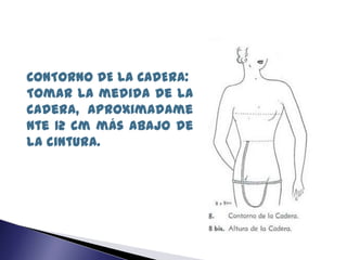 CONTORNO DE LA CADERA:
Tomar la medida de la
cadera, aproximadame
nte 12 cm más abajo de
la cintura.
 