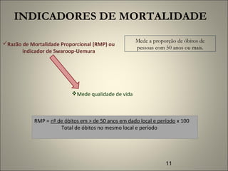 11
INDICADORES DE MORTALIDADE
Razão de Mortalidade Proporcional (RMP) ou
indicador de Swaroop-Uemura
Mede a proporção de óbitos de
pessoas com 50 anos ou mais.
Mede qualidade de vida
RMP = nº de óbitos em > de 50 anos em dado local e período x 100
Total de óbitos no mesmo local e período
 