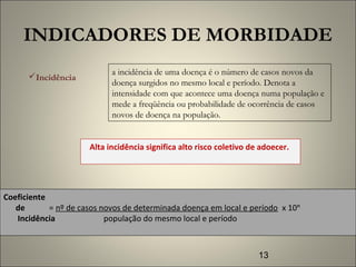 13
INDICADORES DE MORBIDADE
Incidência
a incidência de uma doença é o número de casos novos da
doença surgidos no mesmo local e período. Denota a
intensidade com que acontece uma doença numa população e
mede a freqüência ou probabilidade de ocorrência de casos
novos de doença na população.
Alta incidência significa alto risco coletivo de adoecer.
Coeficiente
de = nº de casos novos de determinada doença em local e período x 10ⁿ
Incidência população do mesmo local e período
 