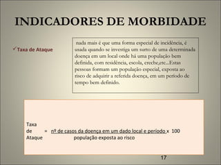 17
INDICADORES DE MORBIDADE
Taxa
de = nº de casos da doença em um dado local e período x 100
Ataque população exposta ao risco
Taxa de Ataque
nada mais é que uma forma especial de incidência, é
usada quando se investiga um surto de uma determinada
doença em um local onde há uma população bem
definida, com residência, escola, creche,etc...Estas
pessoas formam um população especial, exposta ao
risco de adquirir a referida doença, em um período de
tempo bem definido.
 