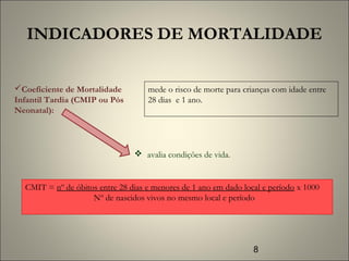 8
INDICADORES DE MORTALIDADE
Coeficiente de Mortalidade
Infantil Tardia (CMIP ou Pós
Neonatal):
mede o risco de morte para crianças com idade entre
28 dias e 1 ano.
 avalia condições de vida.
CMIT = nº de óbitos entre 28 dias e menores de 1 ano em dado local e período x 1000
Nº de nascidos vivos no mesmo local e período
 