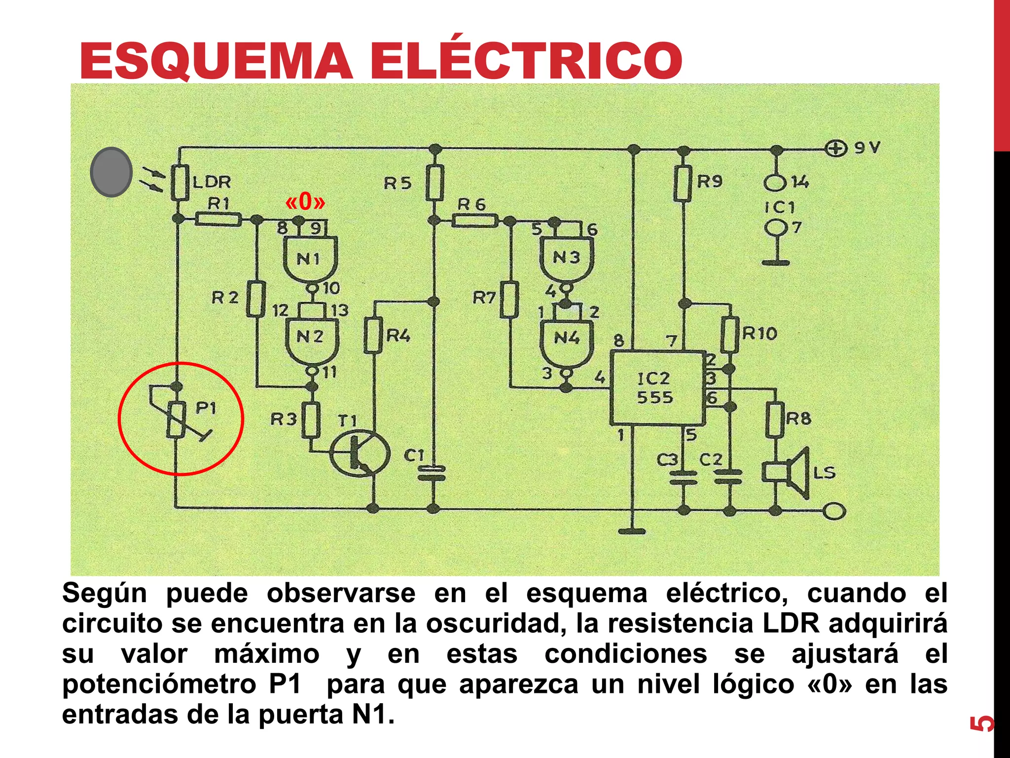 ESQUEMA ELÉCTRICO
Según puede observarse en el esquema eléctrico, cuando el
circuito se encuentra en la oscuridad, la resistencia LDR adquirirá
su valor máximo y en estas condiciones se ajustará el
potenciómetro P1 para que aparezca un nivel lógico «0» en las
entradas de la puerta N1.
5
«0»
 
