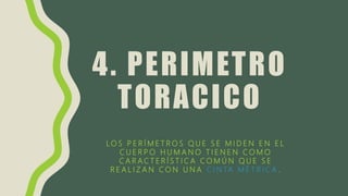 4. PERIMETRO
TORACICO
L O S P E R Í M E T R O S Q U E S E M I D E N E N E L
C U E R P O H U M A N O T I E N E N C O M O
C A R A C T E R Í S T I C A C O M Ú N Q U E S E
R E A L I Z A N C O N U N A C I N TA M É T R I C A .
 