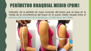 PERÍMETRO BRAQUIAL MEDIO (PBM)
Indicador de la pérdida de masa muscular del brazo que se basa en la
media de la circunferencia del brazo en el punto medio situado entre el
extremo del acromion de la escápula y el olécranon del cúbito.
 