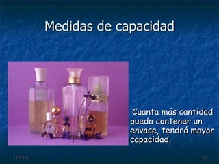 Medidas de capacidad Cuanta más cantidad pueda contener un envase, tendrá mayor capacidad. 