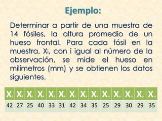 Ejemplo:
Determinar a partir de una muestra de
14 fósiles, la altura promedio de un
hueso frontal. Para cada fósil en la
muestra, Xi, con i igual al número de la
observación, se mide el hueso en
milímetros (mm) y se obtienen los datos
siguientes.
X1 X2 X3 X4 X5 X6 X7 X8 X9 X10 X11 X12 X13 X14
42 27 25 40 33 31 42 34 35 25 29 30 29 35
 