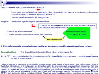 R. Montero Carga: Corresponde al peticionario de la medida precautoria Debe acreditar que las facultades económicas del ddo son insuficientes para asegurar el cumplimiento de la sentencia  Ej. Juicios pendientes en su contra, obligaciones actuales, etc La insolvencia del patrimonio del ddo no se presume Excepción:  Calificación del legislador respecto periculum in mora 4.  El dte debe acompañar comprobantes que constituyan a lo menos presunción grave del derecho que reclama Fummus boni iuris ,  Evita desequilibrio entre las partes. Dte no está en ventaja respecto ddo Art 298 CPC  “… para decretarlas deberá el demandante acompañar  comprobantes  que constituyan a lo menos  presunción grave   del derecho que se reclama..." “ dada la gravedad e importancia de las medidas precautorias que puede solicitar el demandante y que incluso pueden limitar la facultad de administración o libre disposición del demandado, la ley las ha reglamentado resguardando los intereses de éste, pero velando a su vez por los de su contraparte para que no se adopten medidas de precaución injustificadas e innecesarias. Por esto el Art 298 del CPC dispone que, deberá el actor acompañar comprobantes que constituyan a lo menos presunción grave del derecho que se reclama. Los antecedentes emanados de la misma parte que los hace valer no pueden constituir los fundamentos plausibles requeridos por la ley para que puedan dictarse medidas precautorias. No procede acoger medidas precautorias respecto de una persona que no ha otorgado el contrato cuya nulidad se solicita.  (C Suprema R Derecho y Jurisprudencia, tomo XXVIII, Nºs 9 y 10, 1931, sec. I, pág. 626) La medida precautoria  NO  exige acreditar que las facultades económicas del ddo no ofrecen garantía suficiente o que pretenderá ocultar sus bienes Respecto de bienes del ddo  que  son objeto del juicio Medida precautoria de Retención  Medida precautoria Prohibición de celebrar actos y contratos  Proceden siempre 