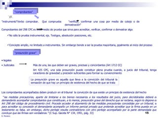 R. Montero "instrumento“ Verbo comprobar.  Que comprueba "verificar, confirmar una cosa por medio de cotejo o de  demostración" Comprobantes del 298 CPC es todo medio de prueba que sirva para acreditar, verificar, confirmar o demostrar algo legales  Judiciales Más de una, las que deben ser graves, precisas y concordantes (Art 1712 CC) Art 425 CPC, una sola presunción puede constituir plena prueba cuando, a juicio del tribunal, tenga  caracteres de gravedad y precisión suficientes para formar su convencimiento Los comprobantes acompañados deben producir en el tribunal  la convicción de que existe un principio de existencia del hecho  “ las medidas precautorias, aparte de limitarse a los bienes necesarios a los resultados del juicio, para decretárselas deberá el demandante acompañar comprobantes que constituyan, a lo menos, presunción grave del derecho que se reclama, según lo dispone el Art 298 del código de procedimiento civil. Procede acceder al alzamiento de las medidas precautorias concedidas por un tribunal, si para acreditar su concesión el demandante acompaño un informe pericial privado que pretende acreditar que la firma puesta en un testamento es falsa, sin embargo, dicho peritaje resulta contradictorio con otro peritaje acompañado por la parte demandada que concluye que las firmas son verdaderas.”  (C Sup. Gaceta N° 134, 1991, pág. 33) “ presunción grave” “ comprobantes” La presunción grave es aquella que lleva a la convicción del tribunal la sensación de que hay un principio de existencia del hecho de que se trata No sólo la prueba instrumental, ejs. Testigos, absolución posiciones, etc. Concepto amplio, no limitado a instrumentos. Sin embargo tiende a ser la prueba mayoritaria, ppalmente al inicio del proceso 