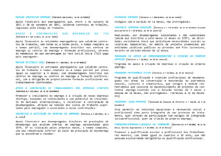 MEDIDA INCENTIVO EMPREGO (PORTARIA

286-A/2013, 16 DE SETEMBRO)

ESTÁGIOS EMPREGO (Portaria

Apoio financeiro aos empregadores que, entre 1 de outubro de
2013 e 30 de setembro de 2015, celebrem contratos de trabalho,
regulados pelo Código do Trabalho.
APOIO
(PORTARIA

À

CONTRATAÇÃO

VIA

REEMBOLSO

DA

TSU

N.º 204-A/2013, DE 18 DE JUNHO)

Apoio financeiro às entidades empregadoras que celebrem contratos de trabalho, sem termo ou a termo certo, a tempo completo ou
a tempo parcial, com desempregados inscritos nos centros de
emprego ou centros de emprego e formação profissional, através
do reembolso de uma percentagem da Taxa Social Única (TSU) paga
pelo empregador.
MEDIDA ESTÍMULO 2013 (PORTARIA

N.º 106/2013, DE 14 DE MARÇO)

Apoio financeiro às entidades empregadoras que celebrem contratos de trabalho a tempo completo ou a tempo parcial por prazo
igual ou superior a 6 meses, com desempregados inscritos nos
centros de emprego ou centros de emprego e formação profissional, com a obrigação de proporcionarem formação profissional aos
trabalhadores contratados.
APOIO À CONTRATAÇÃO DE TRABALHADORES
(PORTARIA N.º 432/2012, DE 31 DE DEZEMBRO)

POR

EMPRESAS

STARTUPS

Promover o crescimento do emprego e a criação de novas empresas
startups, baseadas em conhecimento e com potencial de crescimento em mercados internacionais, e incentivar a contratação de
desempregados, através da redução dos custos do trabalho suportados pelo empregador e associados a novas contratações.
INCENTIVO À ACEITAÇÃO DE OFERTAS DE EMPREGO (Portaria
de Junho)

n.º 207/2012, de 6

Apoio financeiro aos desempregados titulares de prestações de
desemprego que aceitem ofertas de emprego apresentadas pelo
IEFP, IP ou colocação pelos próprios meios, a tempo completo,
com uma remuneração inferior ao valor da prestação de desemprego
que se encontram a receber.

n.º 204-B/2013, de 18 de Junho)

Estágios com a duração de 12 meses, não prorrogáveis.
CONTRATO EMPREGO-INSERÇÃO (Portaria
pela portaria n.º 20-B/2014, de 30 de janeiro)

n.º 378-H/2013, de 31 de dezembro alterada

Realização, por desempregados subsidiados e não subsidiados
(desde que inscritos à pelo menos 12 meses no IEFP), de atividades socialmente úteis que satisfaçam necessidades sociais ou
coletivas temporárias, no âmbito de projetos promovidos por
entidades coletivas públicas ou privadas sem fins lucrativos,
durante um período máximo de 12 meses.
PROGRAMA DE APOIO AO EMPREENDEDORISMO E CRIAÇÃO DO PRÓPRIO
EMPREGO (Portaria n.º 58/2011, de 28 de Janeiro)
Programa de apoio à criação de empresas e criação do próprio
emprego.
PROGRAMA PATRIMÓNIO ATIVO (Portaria

n.º 33/2013, de 29 de Janeiro)

Programa de qualificação e inserção profissional de desempregados nas áreas da conservação e manutenção do património
natural, cultural e urbanístico, que integra a medida CEIPatrimónio que consiste no desenvolvimento de projetos de contratos emprego-inserção com a duração mínima de 3 meses e
máxima de 12 meses, não prorrogáveis. (terminou a 31 de Dezembro)
PROGRAMA VIDA-EMPREGO (Resolução
Dezembro)

do Conselho de Ministros n.º 136/98, de 4 de

Visa permitir ao indivíduo equacionar a reinserção social e
profissional como parte integrante do seu processo de tratamento, quer através da participação num estágio de integração
socioprofissional, quer da criação do próprio emprego.
FORMAÇÃO/EMPREGO—CLAUSULA DE FORMAÇÃO (Decreto-Lei
Março; Decreto Regulamentar n.º 16/2002, de 15 de Março)

n.º 58/2002, de 15 de

Promover a qualificação escolar e profissional dos trabalhadores menores, com idade igual ou superior a 16 anos, que não
possuam escolaridade obrigatória ou qualificação profissional.

 