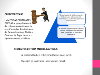 CARACTERÍSTICAS 
La MEDIDAS CAUTELARES 
PREVIAS al procedimiento 
de cobranza coactiva o a la 
emisión de las Resoluciones 
de Determinación y Multa u 
Órdenes de Pago, tiene las 
siguientes características: 
Es una facultad de la Administración 
Tributaria que debe ser ejercida 
conforme a Ley, los derechos y principios 
constitucionales. 
Es previa al procedimiento de cobranza 
coactiva, al punto que este podría no 
llegar a iniciarse o, en algún caso, 
suspenderse. 
REQUISITOS DE TODA MEDIDA CAUTELAR: 
– La verosimilitud en el Derecho (fumus bonis iuris). 
– El peligro en la demora (perículum in mora). 
 