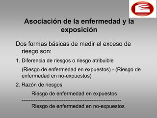 Asociación de la enfermedad y la
             exposición
Dos formas básicas de medir el exceso de
 riesgo son:
1. Diferencia de riesgos o riesgo atribuible
  (Riesgo de enfermedad en expuestos) - (Riesgo de
  enfermedad en no-expuestos)
2. Razón de riesgos
        Riesgo de enfermedad en expuestos
  ---------------------------------------------------------
        Riesgo de enfermedad en no-expuestos
 