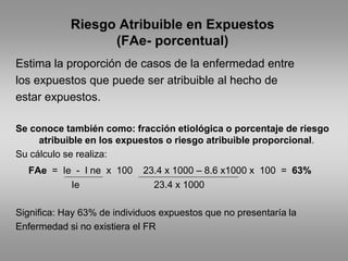 Riesgo Atribuible en Expuestos
                  (FAe- porcentual)
Estima la proporción de casos de la enfermedad entre
los expuestos que puede ser atribuible al hecho de
estar expuestos.

Se conoce también como: fracción etiológica o porcentaje de riesgo
     atribuible en los expuestos o riesgo atribuible proporcional.
Su cálculo se realiza:
  FAe = Ie - I ne x 100      23.4 x 1000 – 8.6 x1000 x 100 = 63%
          Ie                   23.4 x 1000

Significa: Hay 63% de individuos expuestos que no presentaría la
Enfermedad si no existiera el FR
 