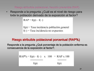 •   Responde a la pregunta ¿Cuál es el nivel de riesgo para
    toda la población derivado de la exposición al factor?




     Riesgo atribuible poblacional porcentual (RAP%)
Responde a la pregunta ¿Qué porcentaje de la población enferma es
consecuencia de la exposición al factor?.




                                                          27
 
