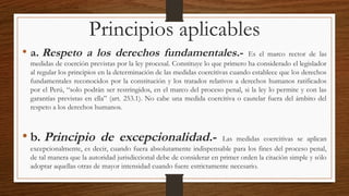 Principios aplicables
• a. Respeto a los derechos fundamentales.- Es el marco rector de las
medidas de coerción previstas por la ley procesal. Constituye lo que primero ha considerado el legislador
al regular los principios en la determinación de las medidas coercitivas cuando establece que los derechos
fundamentales reconocidos por la constitución y los tratados relativos a derechos humanos ratificados
por el Perú, “solo podrán ser restringidos, en el marco del proceso penal, si la ley lo permite y con las
garantías previstas en ella” (art. 253.1). No cabe una medida coercitiva o cautelar fuera del ámbito del
respeto a los derechos humanos.
• b. Principio de excepcionalidad.- Las medidas coercitivas se aplican
excepcionalmente, es decir, cuando fuera absolutamente indispensable para los fines del proceso penal,
de tal manera que la autoridad jurisdiccional debe de considerar en primer orden la citación simple y sólo
adoptar aquellas otras de mayor intensidad cuando fuere estrictamente necesario.
 