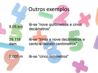 Outros exemplos
9,05 km

lê-se “nove quilômetros e cinco
decâmetros"

39,118
dam

lê-se “trinta e nove decâmetros e
cento e dezoito centímetros".

0,005 m

lê-se “cinco milímetros"

 
