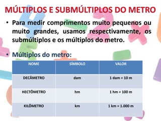 • Para medir comprimentos muito pequenos ou
muito grandes, usamos respectivamente, os
submúltiplos e os múltiplos do metro.
• Múltiplos do metro:
NOME

SÍMBOLO

VALOR

DECÂMETRO

dam

1 dam = 10 m

HECTÔMETRO

hm

1 hm = 100 m

KILÔMETRO

km

1 km = 1.000 m

 