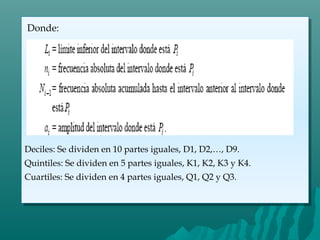 Donde:
Deciles: Se dividen en 10 partes iguales, D1, D2,…, D9.
Quintiles: Se dividen en 5 partes iguales, K1, K2, K3 y K4.
Cuartiles: Se dividen en 4 partes iguales, Q1, Q2 y Q3.
Donde:
Deciles: Se dividen en 10 partes iguales, D1, D2,…, D9.
Quintiles: Se dividen en 5 partes iguales, K1, K2, K3 y K4.
Cuartiles: Se dividen en 4 partes iguales, Q1, Q2 y Q3.
 