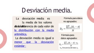 Desviación media.
La desviación media es
la media de los valores
absolutos
de la diferencia de cada valor de
la distribución con la media
aritmética.
La desviación media es igual o
menor que la desviación
estándar :
Fórmulaparadatos
no agrupados:
Fórmulapara
datos agrupados:
 