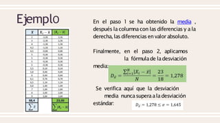 EjemplO En el paso 1 se ha obtenido la media ,
después la columna con las diferencias y a la
derecha,las diferencias en valor absoluto.
Finalmente, en el paso 2, aplicamos
la fórmulade ladesviación
media:
Se verifica aquí que la desviación
media nuncasuperaaladesviación
estándar:
 
