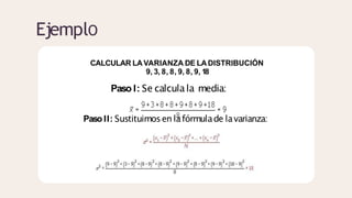 EjemplO
CALCULAR LAVARIANZA DE LADISTRIBUCIÓN
9, 3, 8, 8, 9, 8, 9, 18
Paso I: Se calculala media:
Paso II: Sustituimosen lafórmulade lavarianza:
 