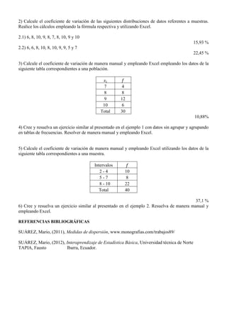 2) Calcule el coeficiente de variación de las siguientes distribuciones de datos referentes a muestras.
Realice los cálculos empleando la fórmula respectiva y utilizando Excel.
2.1) 6, 8, 10, 9, 8, 7, 8, 10, 9 y 10
15,93 %
2.2) 6, 6, 8, 10, 8, 10, 9, 9, 5 y 7
22,45 %
3) Calcule el coeficiente de variación de manera manual y empleando Excel empleando los datos de la
siguiente tabla correspondientes a una población.
7 4
8 8
9 12
10 6
Total 30
10,88%
4) Cree y resuelva un ejercicio similar al presentado en el ejemplo 1 con datos sin agrupar y agrupando
en tablas de frecuencias. Resolver de manera manual y empleando Excel.
5) Calcule el coeficiente de variación de manera manual y empleando Excel utilizando los datos de la
siguiente tabla correspondientes a una muestra.
Intervalos
2 - 4 10
5 - 7 8
8 - 10 22
Total 40
37,1 %
6) Cree y resuelva un ejercicio similar al presentado en el ejemplo 2. Resuelva de manera manual y
empleando Excel.
REFERENCIAS BIBLIOGRÁFICAS
SUÁREZ, Mario, (2011), Medidas de dispersión, www.monografias.com/trabajos89/
SUÁREZ, Mario, (2012), Interaprendizaje de Estadística Básica, Universidad técnica de Norte
TAPIA, Fausto Ibarra, Ecuador.
 