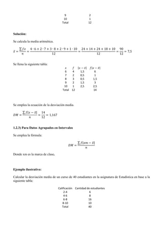 9 2
10 1
Total 12
Solución:
Se calcula la media aritmética.
̅
∑
Se llena la siguiente tabla:
| ̅| | ̅|
6 4 1,5 6
7 2 0,5 1
8 3 0,5 1,5
9 2 1,5 3
10 1 2,5 2,5
Total 12 14
Se emplea la ecuación de la desviación media.
∑ | ̅|
1.2.3) Para Datos Agrupados en Intervalos
Se emplea la fórmula:
∑ | ̅|
Donde xm es la marca de clase.
Ejemplo ilustrativo:
Calcular la desviación media de un curso de 40 estudiantes en la asignatura de Estadística en base a la
siguiente tabla:
Calificación Cantidad de estudiantes
2-4 6
4-6 8
6-8 16
8-10 10
Total 40
 