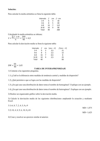 Solución:
Para calcular la media aritmética se llena la siguiente tabla:
Intervalo
2-4 6 3 18
4-6 8 5 40
6-8 16 7 112
8-10 10 9 90
Total 40 260
Calculando la media aritmética se obtiene:
̅
∑
Para calcular la desviación media se llena la siguiente tabla:
Intervalo | ̅| | ̅|
2-4 6 3 3,5 21
4-6 8 5 2,5 12
6-8 16 7 0,5 8
8-10 10 9 2,5 25
Total 40 66
TAREA DE INTERAPRENDIZAJE
1) Conteste a las siguientes preguntas.
1.1) ¿Cuál es la diferencia entre medidas de tendencia central y medidas de dispersión?
1.2) ¿Qué permiten o que se logra con las medidas de dispersión?
1.3) ¿En qué caso una distribución de datos toma el nombre de homogénea?. Explique con un ejemplo.
1.4) ¿En qué caso una distribución de datos toma el nombre de heterogénea?. Explique con un ejemplo.
2) Realice un organizador gráfico sobre la desviación media.
3) Calcule la desviación media de las siguientes distribuciones empleando la ecuación y mediante
Excel.
3.1) 6, 8, 7, 2, 4, 5, 8 y 9
MD= 1,875
3.2) 10, 4, 8, 9, 6, 10, 8 y10
MD= 1,625
4) Crear y resolver un ejercicio similar al anterior.
 