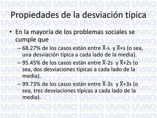 Propiedades de la desviación típica
• En la mayoría de los problemas sociales se
cumple que
– 68.27% de los casos están entre X̅ -s y X̅+s (o sea,
una desviación típica a cada lado de la media).
– 95.45% de los casos están entre X̅-2s y X̅+2s (o
sea, dos desviaciones típicas a cada lado de la
media).
– 99.73% de los casos están entre X̅ -3s y X̅+3s (o
sea, tres desviaciones típicas a cada lado de la
media).

 