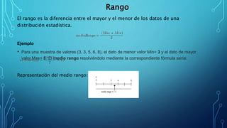 Rango
El rango es la diferencia entre el mayor y el menor de los datos de una
distribución estadística.
Ejemplo
• Para una muestra de valores (3, 3, 5, 6, 8), el dato de menor valor Min= 3 y el dato de mayor
valor Max= 8. El medio rango resolviéndolo mediante la correspondiente fórmula sería:
Representación del medio rango:
 