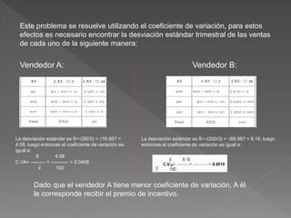 Este problema se resuelve utilizando el coeficiente de variación, para estos
efectos es necesario encontrar la desviación estándar trimestral de las ventas
de cada uno de la siguiente manera:
Vendedor A: Vendedor B:
La desviación estándar es δ=√(50/3) = √16.667 =
4.08, luego entonces el coeficiente de variación es
igual a:
δ 4.08
C.VA= --------- = ----------- = 0.0408
x 100
La desviación estándar es δ=√(200/3) = √66.667 = 8.16, luego
entonces el coeficiente de variación es igual a:
Dado que el vendedor A tiene menor coeficiente de variación, A él
le corresponde recibir el premio de incentivo.
 