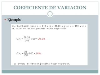  Ejemplo
COEFICIENTE DE VARIACION
 