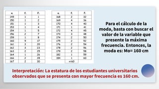 Para el cálculo de la
moda, basta con buscar el
valor de la variable que
presente la máxima
frecuencia. Entonces, la
moda es: Mo= 160 cm
Interpretación: La estatura de los estudiantes universitarios
observados que se presenta con mayor frecuencia es 160 cm.
 